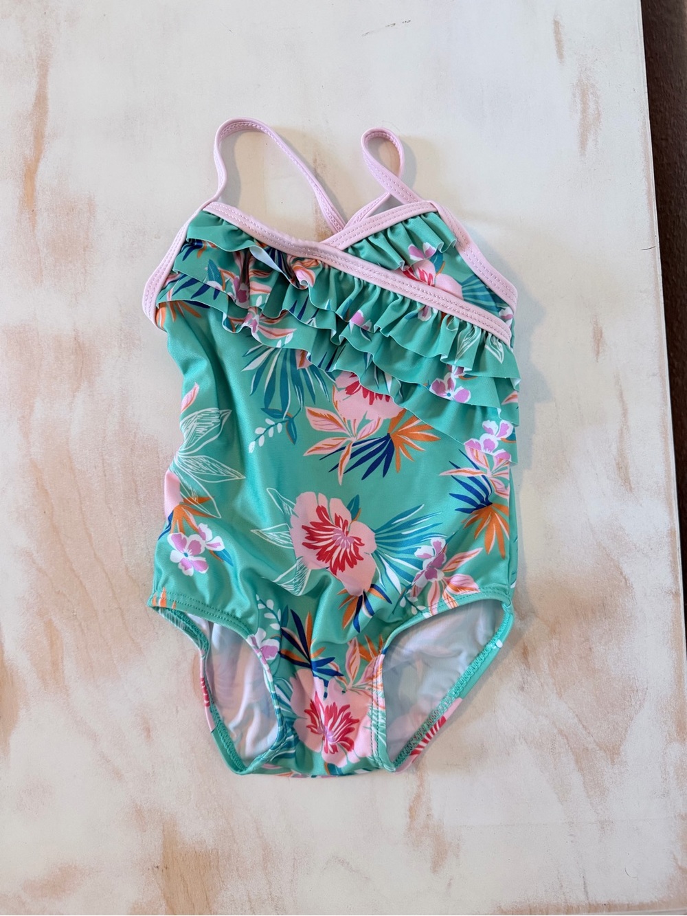 First Impressions Teal Floral Ruffle One-Piece Swimsuit with Pink Trim
